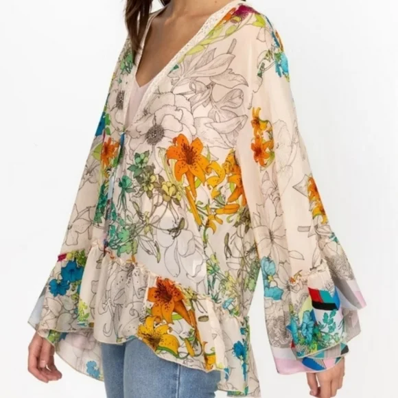 JOHNNY WAS Sequence Georgina Kimono Style Vibrant Floral Blouse NWT Size Medium - Picture 1 of 13